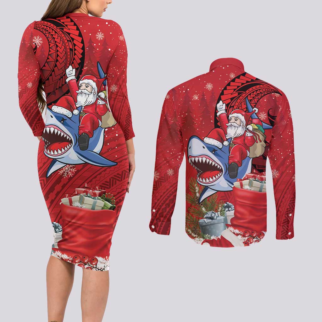 Funny Santa Riding Shark Couples Matching Long Sleeve Bodycon Dress and Long Sleeve Button Shirt Polynesian Tribal Christmas Spirit - Polynesian Pride