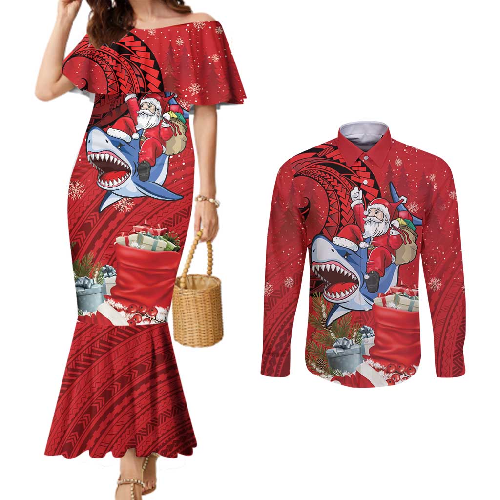 Funny Santa Riding Shark Couples Matching Mermaid Dress and Long Sleeve Button Shirt Polynesian Tribal Christmas Spirit - Polynesian Pride