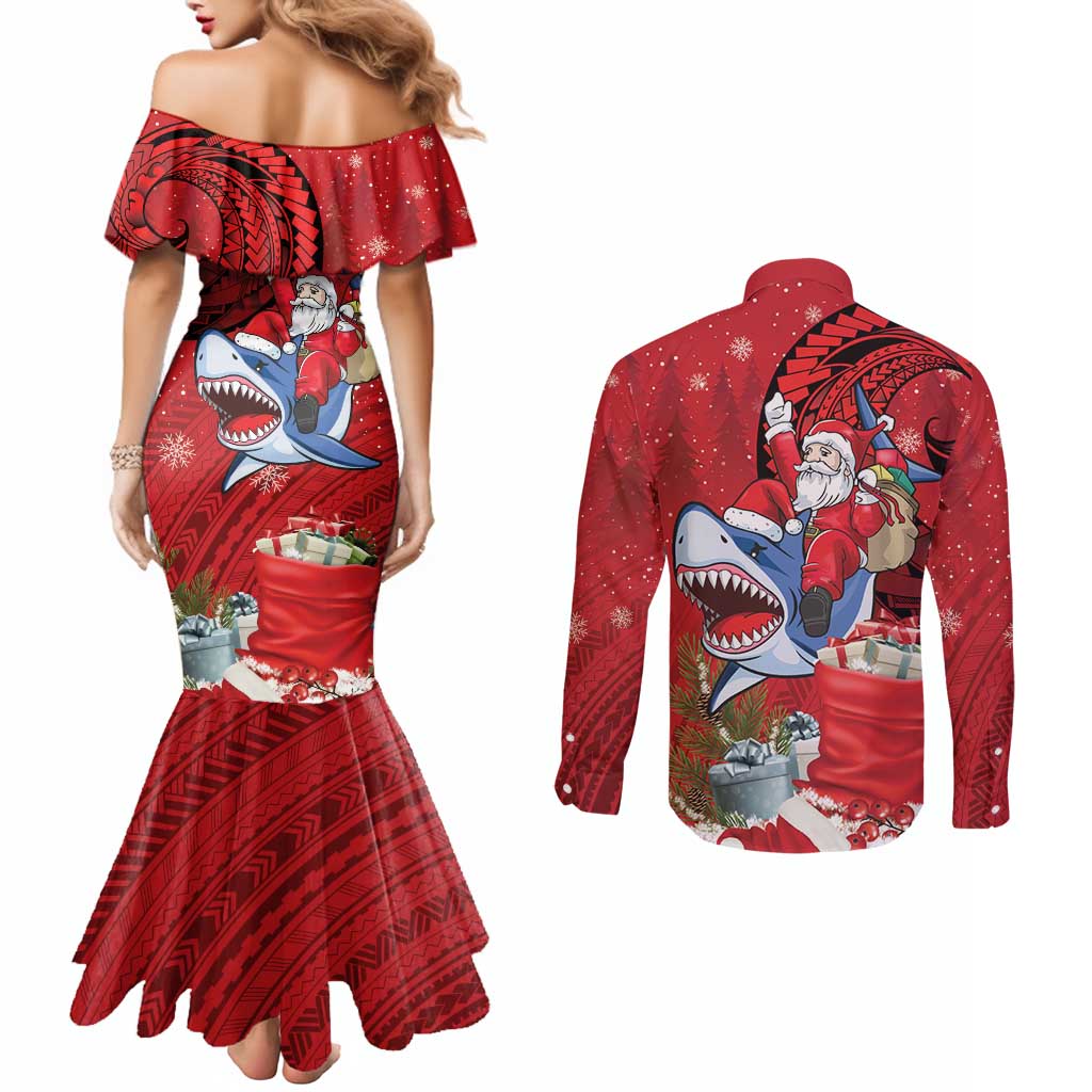 Funny Santa Riding Shark Couples Matching Mermaid Dress and Long Sleeve Button Shirt Polynesian Tribal Christmas Spirit - Polynesian Pride