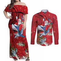 Funny Santa Riding Shark Couples Matching Off Shoulder Maxi Dress and Long Sleeve Button Shirt Polynesian Tribal Christmas Spirit - Polynesian Pride