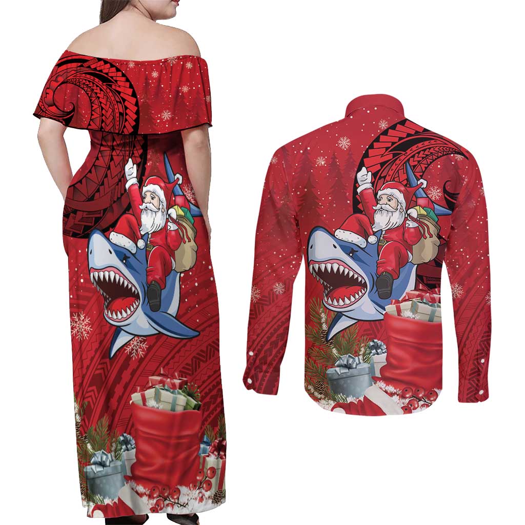 Funny Santa Riding Shark Couples Matching Off Shoulder Maxi Dress and Long Sleeve Button Shirt Polynesian Tribal Christmas Spirit - Polynesian Pride
