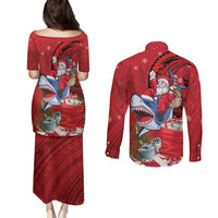 Funny Santa Riding Shark Couples Matching Puletasi and Long Sleeve Button Shirt Polynesian Tribal Christmas Spirit - Polynesian Pride