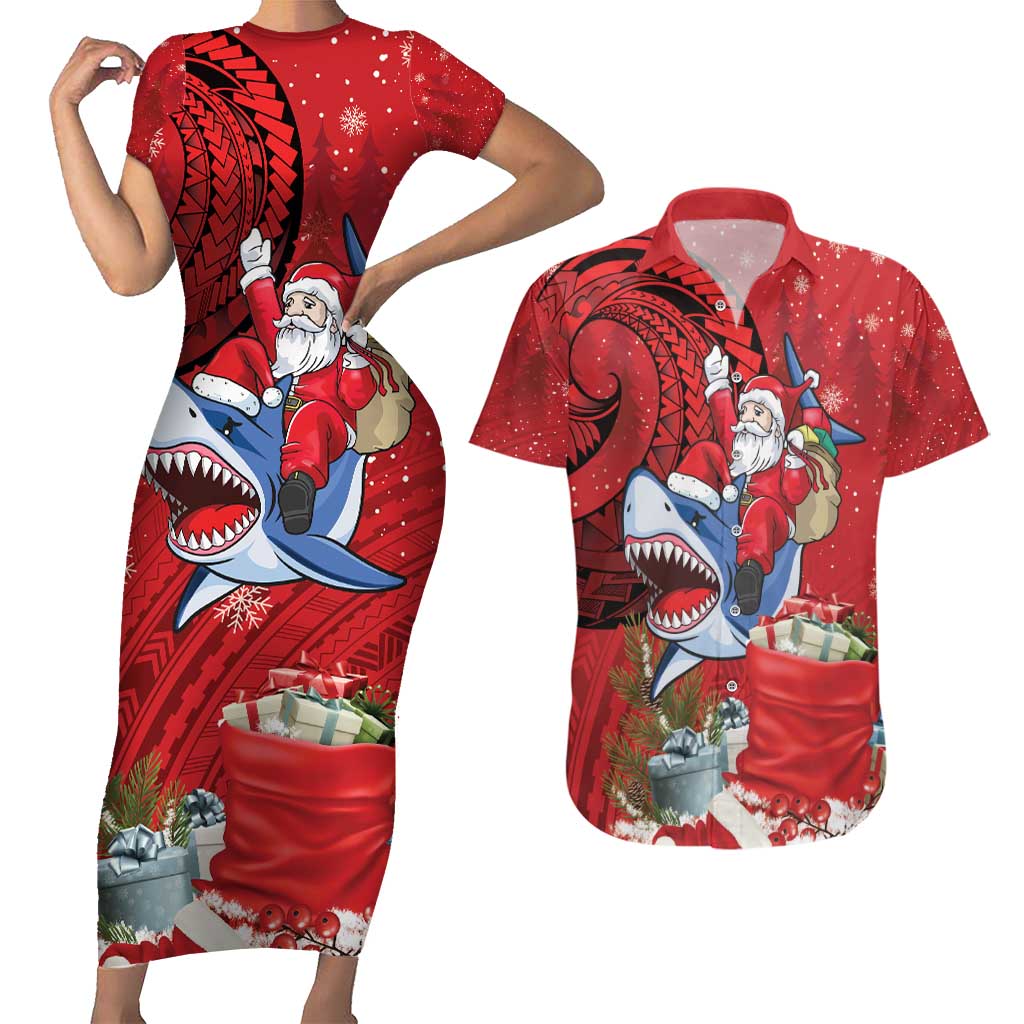 Funny Santa Riding Shark Couples Matching Short Sleeve Bodycon Dress and Hawaiian Shirt Polynesian Tribal Christmas Spirit - Polynesian Pride