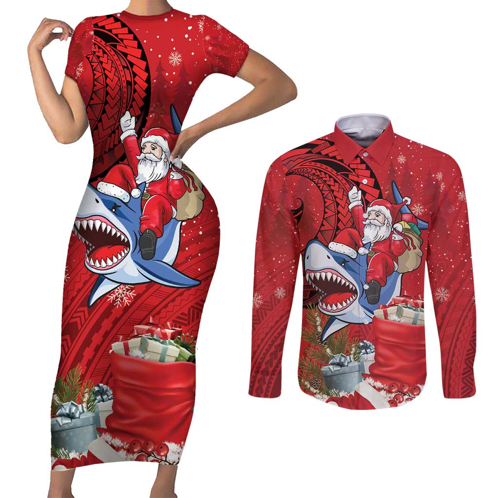 Funny Santa Riding Shark Couples Matching Short Sleeve Bodycon Dress and Long Sleeve Button Shirt Polynesian Tribal Christmas Spirit - Polynesian Pride