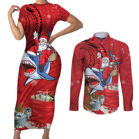 Funny Santa Riding Shark Couples Matching Short Sleeve Bodycon Dress and Long Sleeve Button Shirt Polynesian Tribal Christmas Spirit - Polynesian Pride