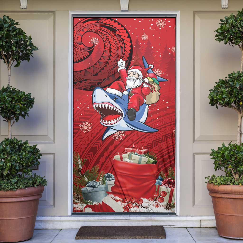 Funny Santa Riding Shark Door Cover Polynesian Tribal Christmas Spirit - Polynesian Pride