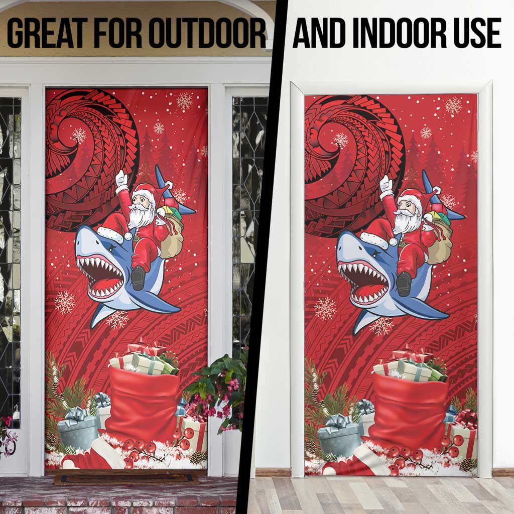 Funny Santa Riding Shark Door Cover Polynesian Tribal Christmas Spirit - Polynesian Pride
