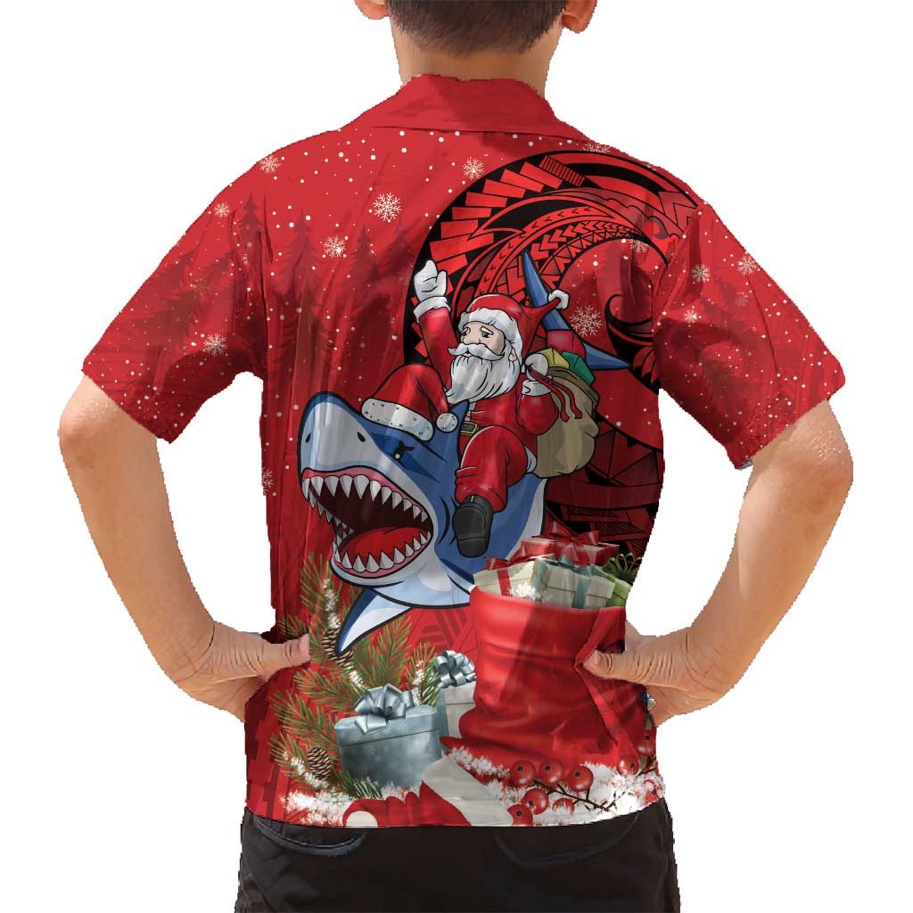 Funny Santa Riding Shark Family Matching Long Sleeve Bodycon Dress and Hawaiian Shirt Polynesian Tribal Christmas Spirit - Polynesian Pride