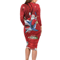 Funny Santa Riding Shark Family Matching Long Sleeve Bodycon Dress and Hawaiian Shirt Polynesian Tribal Christmas Spirit - Polynesian Pride