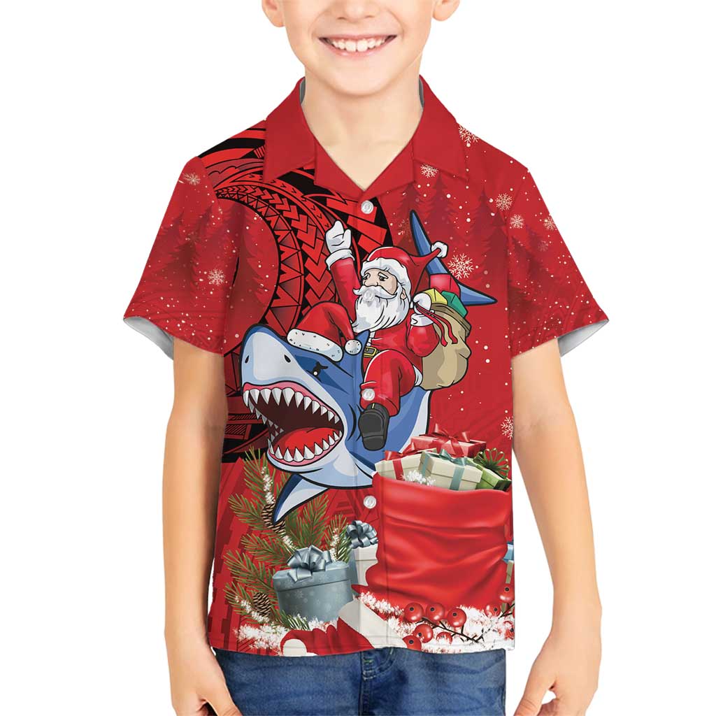 Funny Santa Riding Shark Family Matching Long Sleeve Bodycon Dress and Hawaiian Shirt Polynesian Tribal Christmas Spirit - Polynesian Pride