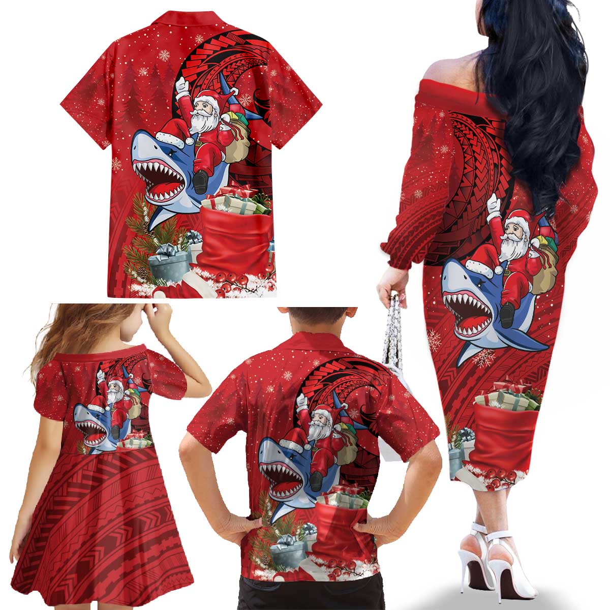 Funny Santa Riding Shark Family Matching Off The Shoulder Long Sleeve Dress and Hawaiian Shirt Polynesian Tribal Christmas Spirit - Polynesian Pride