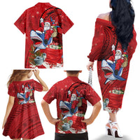 Funny Santa Riding Shark Family Matching Off The Shoulder Long Sleeve Dress and Hawaiian Shirt Polynesian Tribal Christmas Spirit - Polynesian Pride