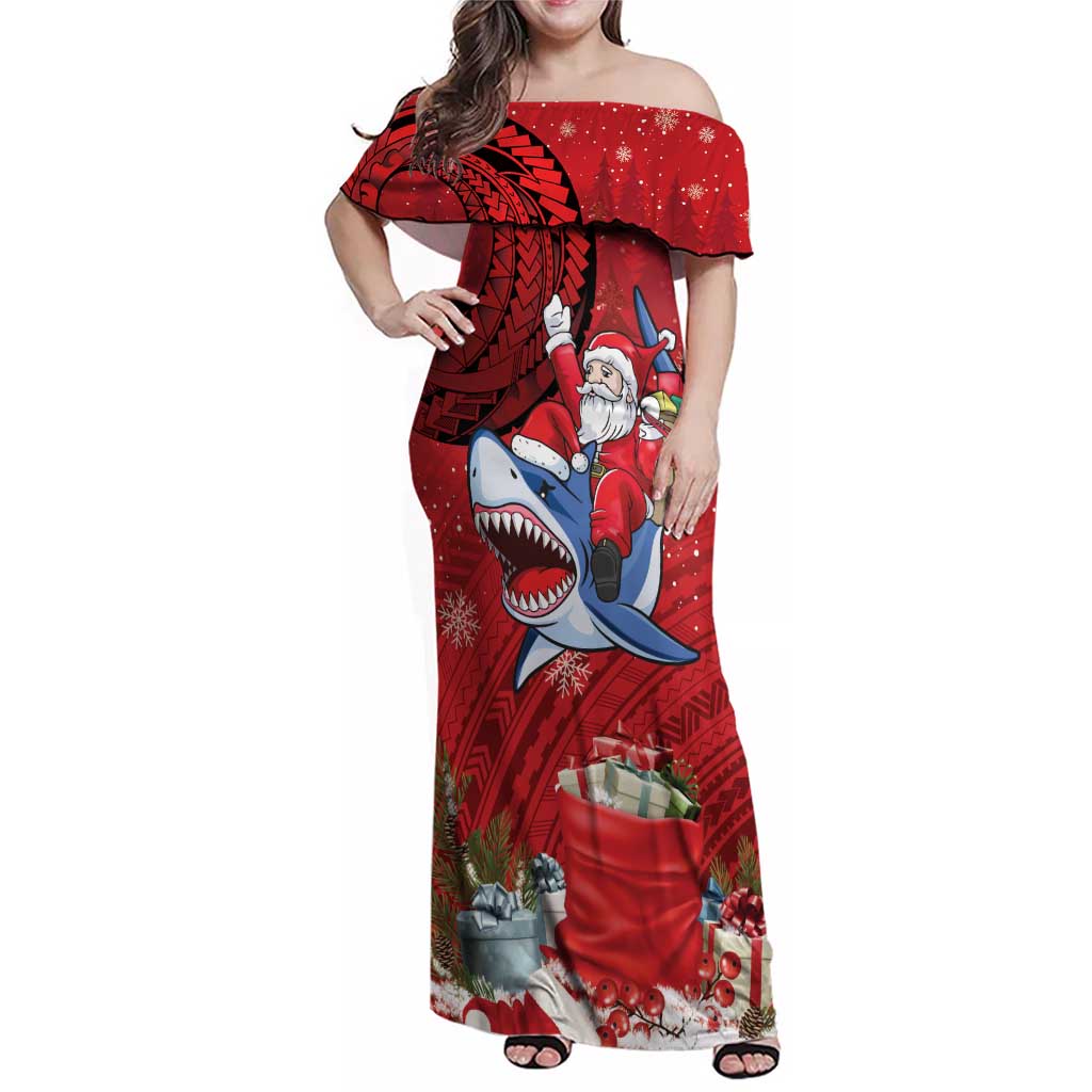 Funny Santa Riding Shark Family Matching Off Shoulder Maxi Dress and Hawaiian Shirt Polynesian Tribal Christmas Spirit - Polynesian Pride