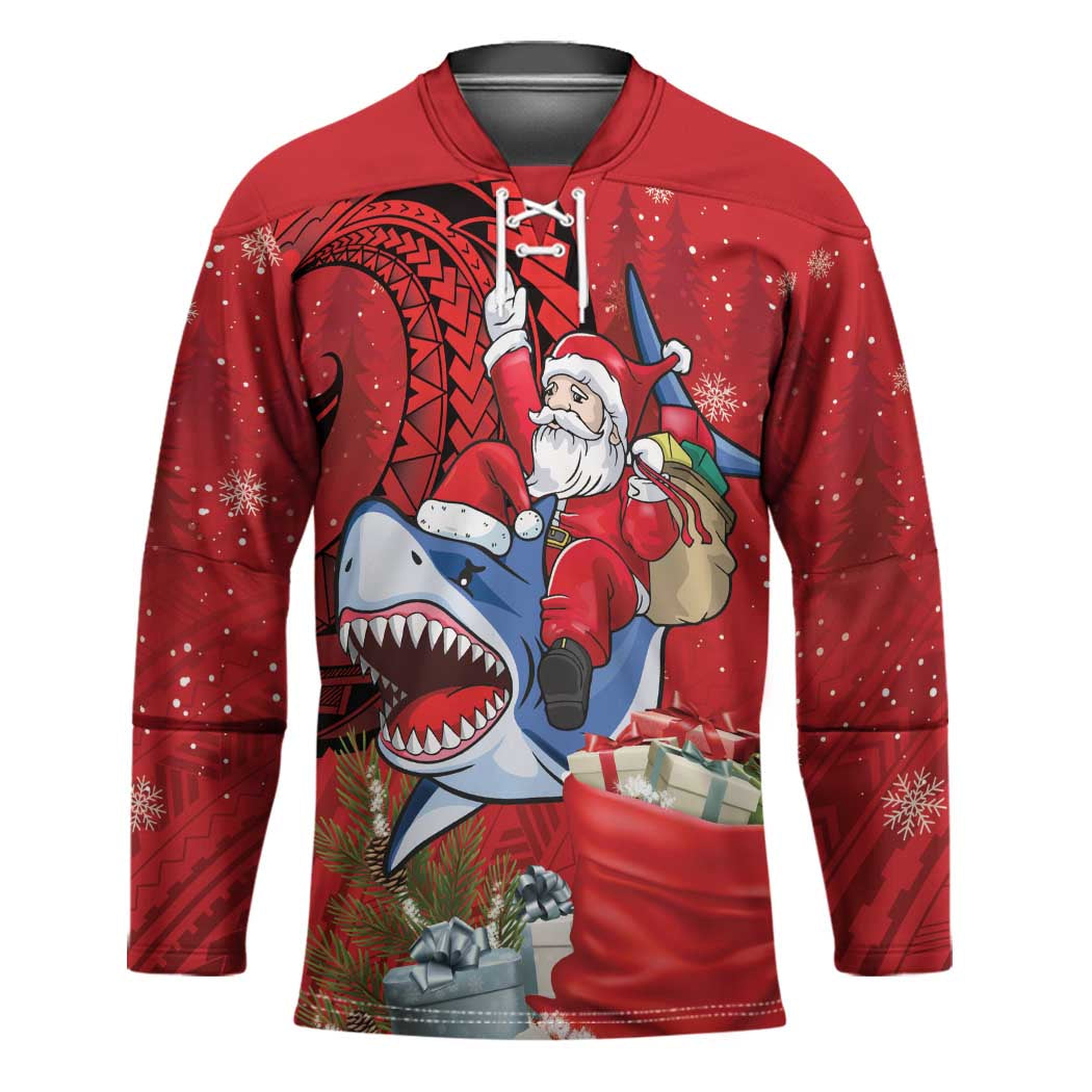 Funny Santa Riding Shark Hockey Jersey Polynesian Tribal Christmas Spirit - Polynesian Pride