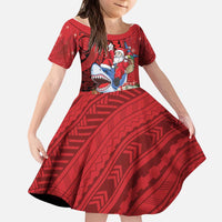 Funny Santa Riding Shark Kid Short Sleeve Dress Polynesian Tribal Christmas Spirit - Polynesian Pride