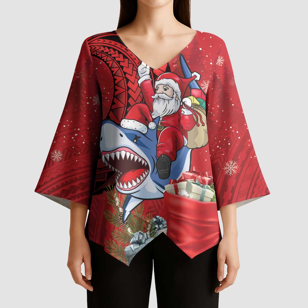 Funny Santa Riding Shark Kimono Sleeve Blouse Polynesian Tribal Christmas Spirit - Polynesian Pride