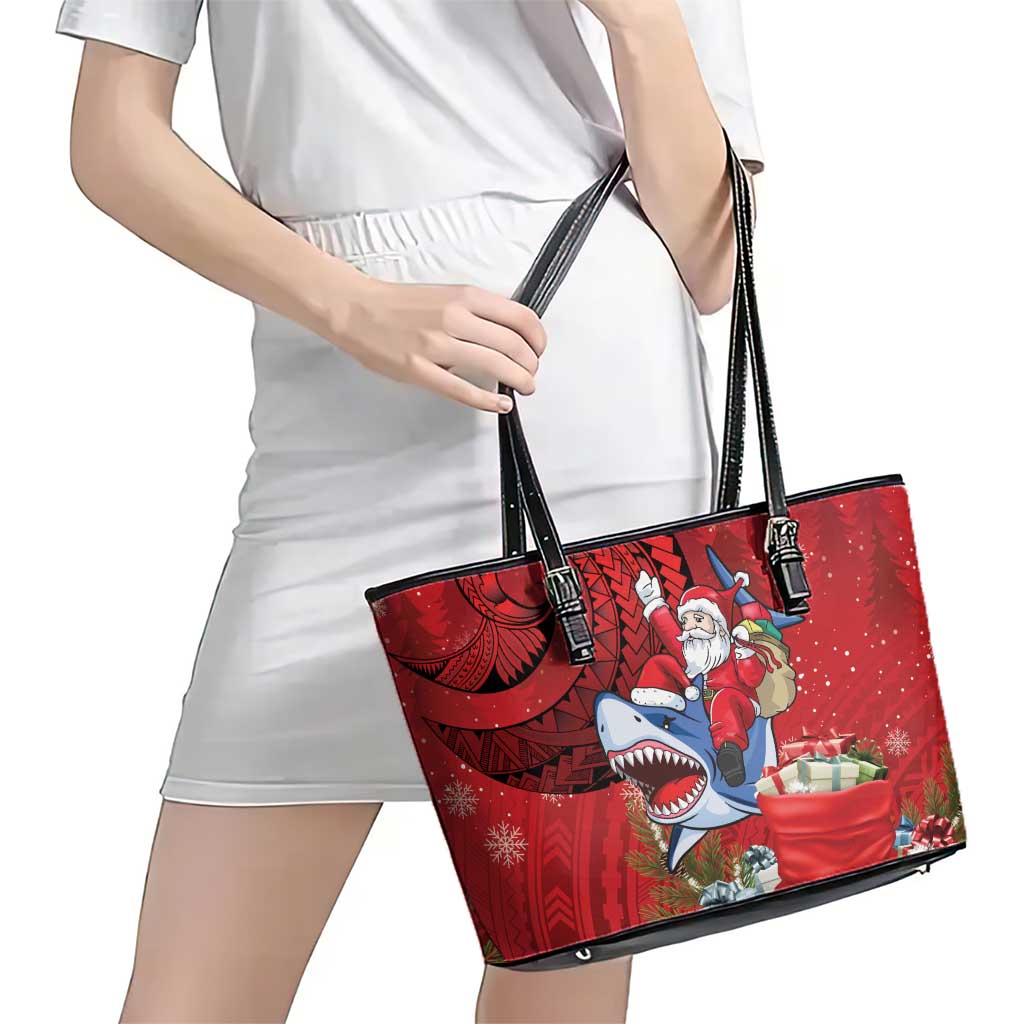 Funny Santa Riding Shark Leather Tote Bag Polynesian Tribal Christmas Spirit - Polynesian Pride
