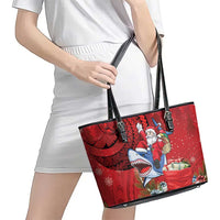 Funny Santa Riding Shark Leather Tote Bag Polynesian Tribal Christmas Spirit - Polynesian Pride