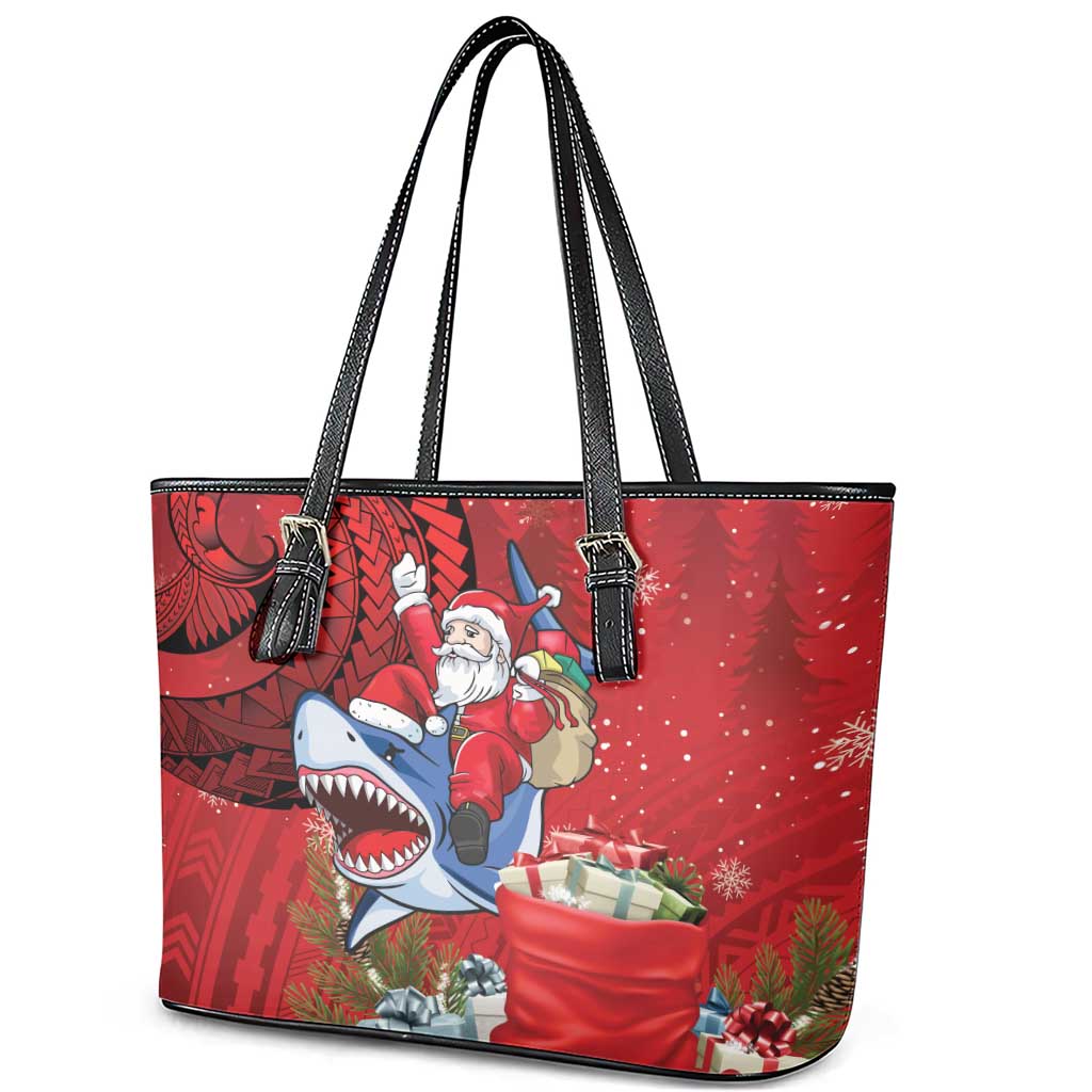 Funny Santa Riding Shark Leather Tote Bag Polynesian Tribal Christmas Spirit - Polynesian Pride