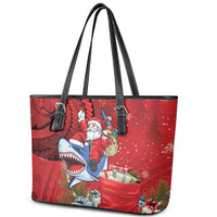 Funny Santa Riding Shark Leather Tote Bag Polynesian Tribal Christmas Spirit - Polynesian Pride