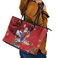 Funny Santa Riding Shark Leather Tote Bag Polynesian Tribal Christmas Spirit - Polynesian Pride