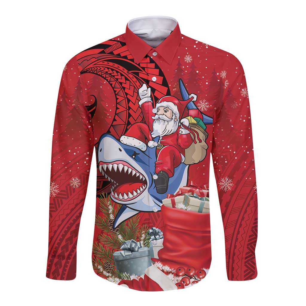 Funny Santa Riding Shark Long Sleeve Button Shirt Polynesian Tribal Christmas Spirit - Polynesian Pride