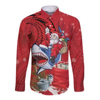 Funny Santa Riding Shark Long Sleeve Button Shirt Polynesian Tribal Christmas Spirit - Polynesian Pride