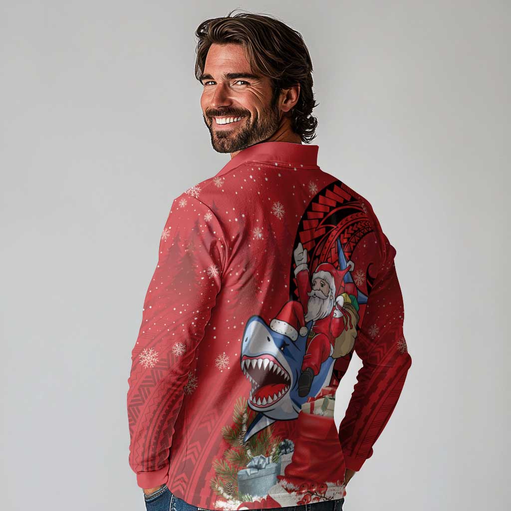 Funny Santa Riding Shark Long Sleeve Polo Shirt Polynesian Tribal Christmas Spirit - Polynesian Pride