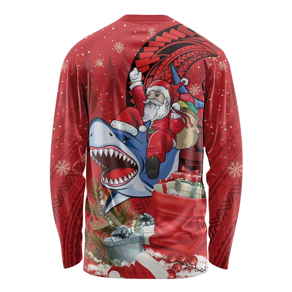 Funny Santa Riding Shark Long Sleeve Shirt Polynesian Tribal Christmas Spirit - Polynesian Pride