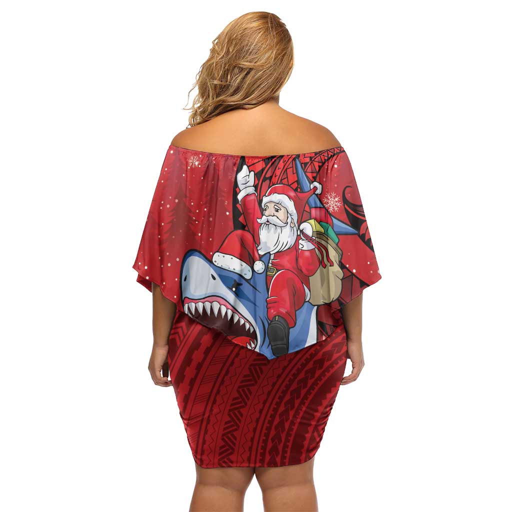Funny Santa Riding Shark Off Shoulder Short Dress Polynesian Tribal Christmas Spirit - Polynesian Pride