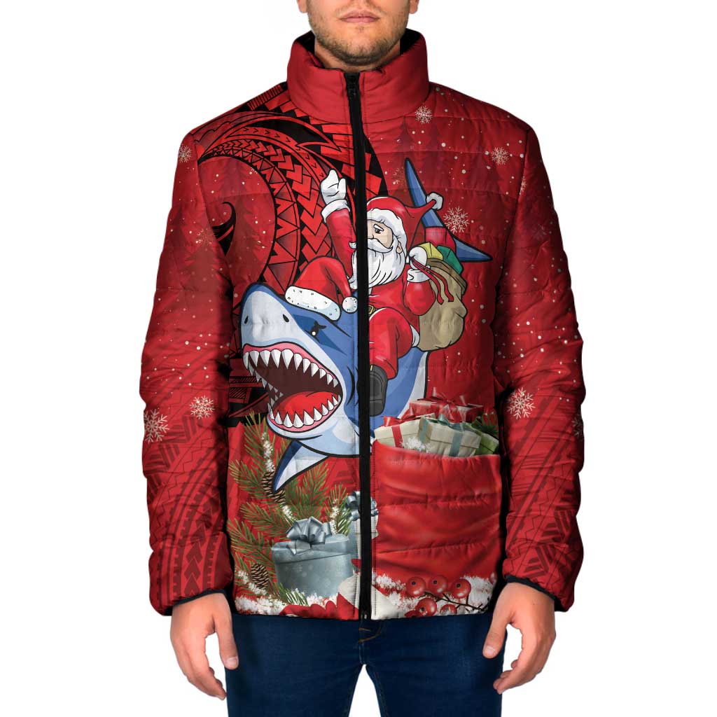 Funny Santa Riding Shark Padded Jacket Polynesian Tribal Christmas Spirit - Polynesian Pride
