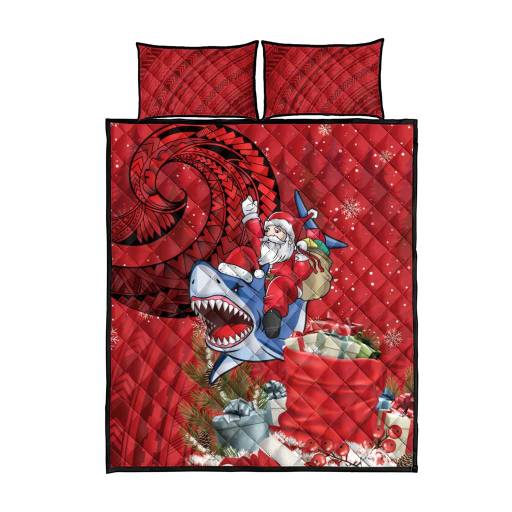 Funny Santa Riding Shark Quilt Bed Set Polynesian Tribal Christmas Spirit - Polynesian Pride
