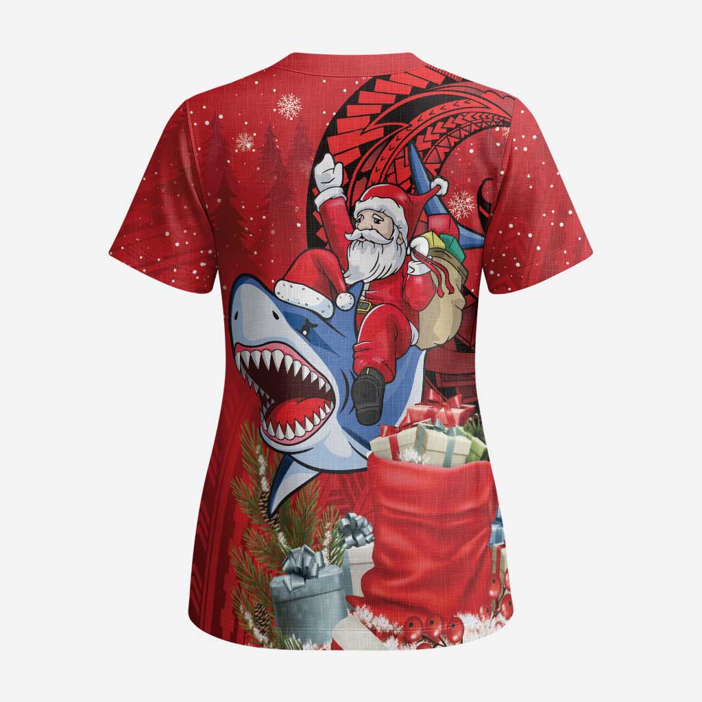 Funny Santa Riding Shark Scrub Top Polynesian Tribal Christmas Spirit - Polynesian Pride