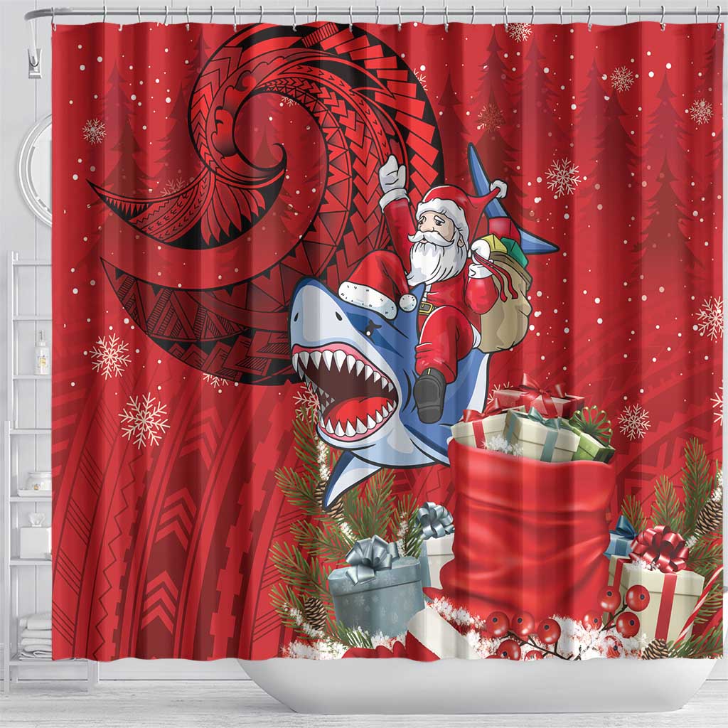 Funny Santa Riding Shark Shower Curtain Polynesian Tribal Christmas Spirit - Polynesian Pride