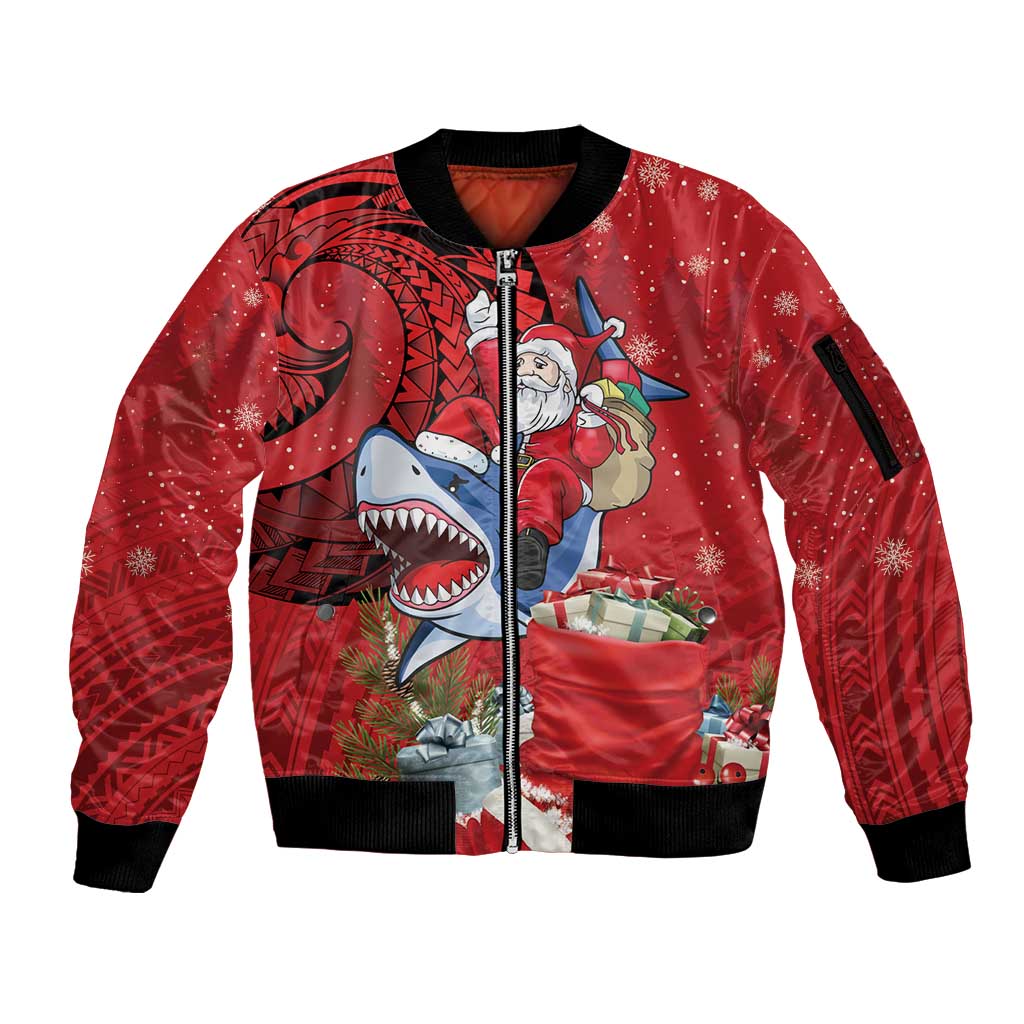 Funny Santa Riding Shark Sleeve Zip Bomber Jacket Polynesian Tribal Christmas Spirit - Polynesian Pride