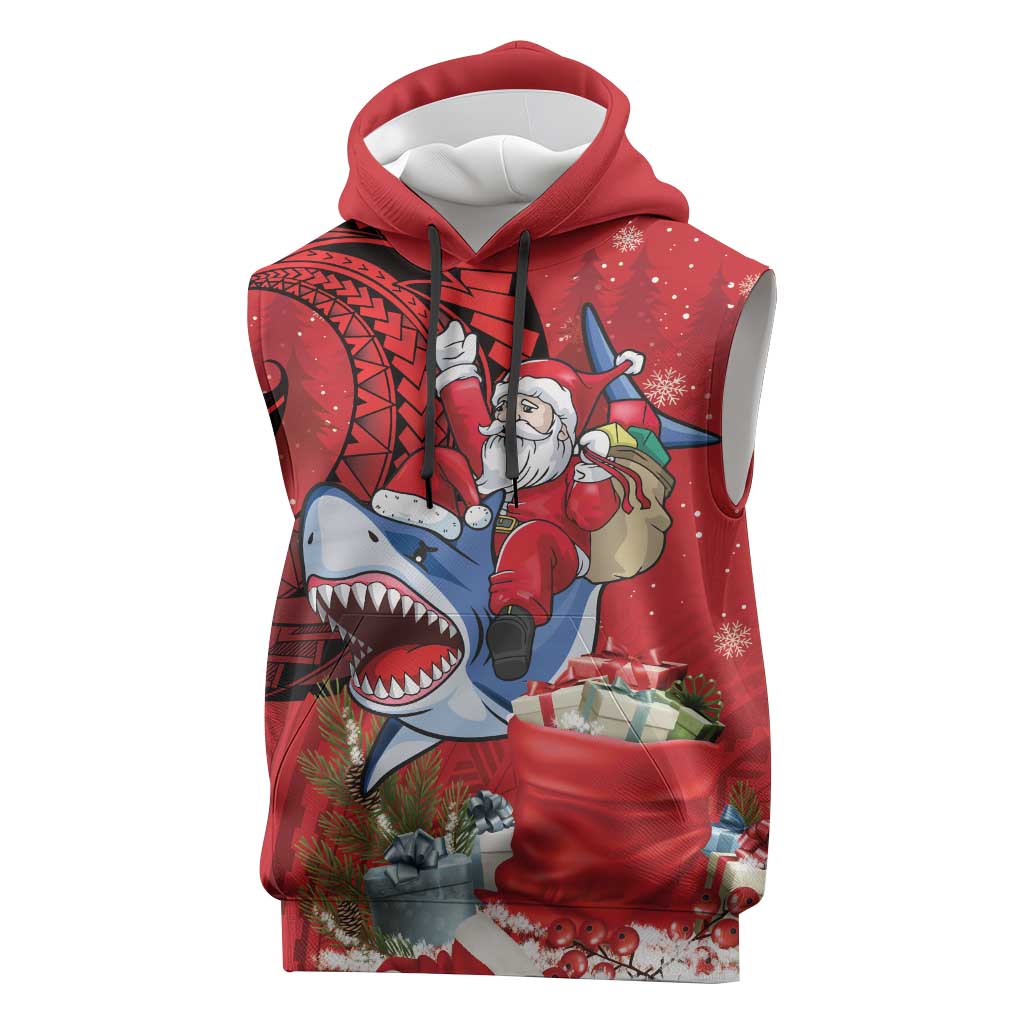 Funny Santa Riding Shark Sleeveless Hoodie Polynesian Tribal Christmas Spirit - Polynesian Pride