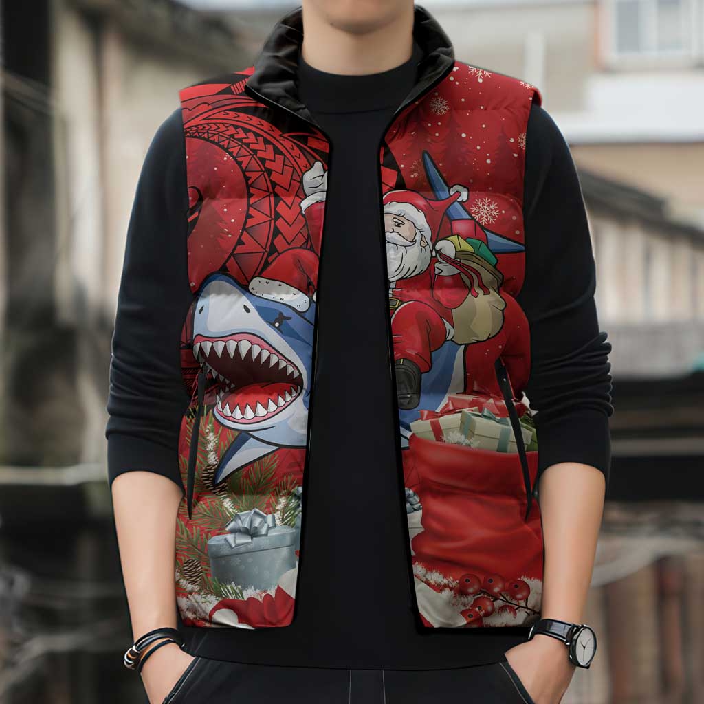 Funny Santa Riding Shark Sleeveless Puffer Jacket Polynesian Tribal Christmas Spirit - Polynesian Pride