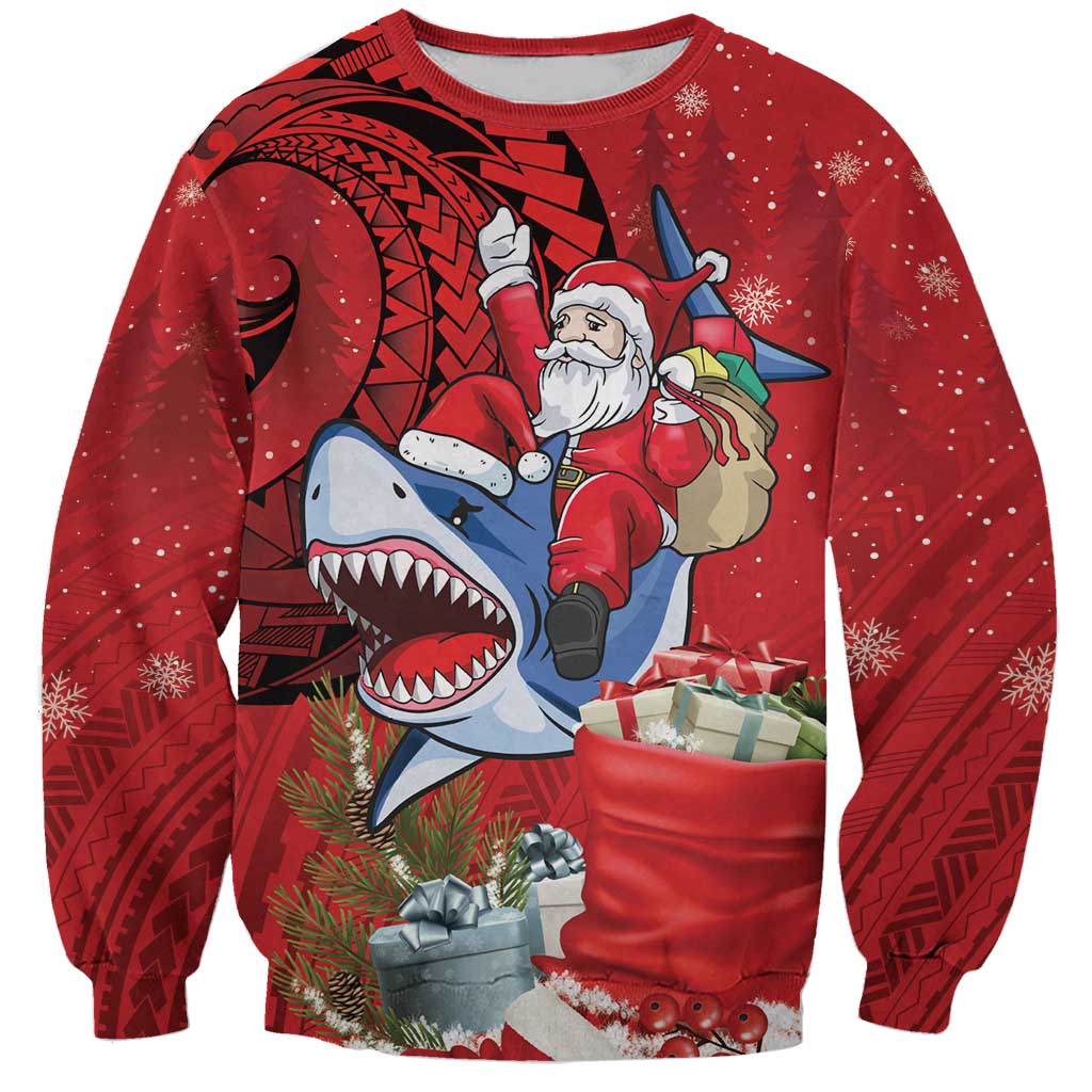 Funny Santa Riding Shark Sweatshirt Polynesian Tribal Christmas Spirit - Polynesian Pride