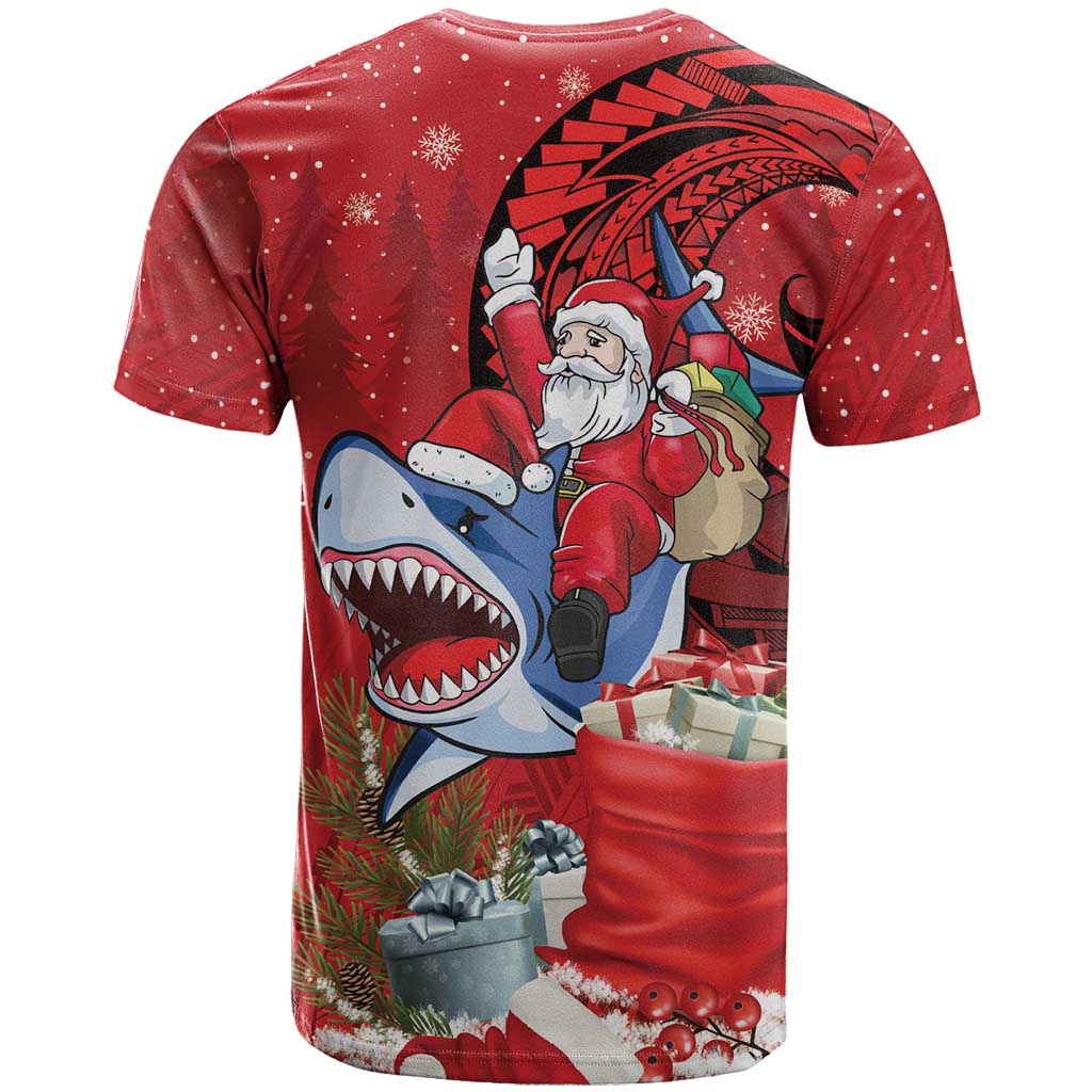 Funny Santa Riding Shark T Shirt Polynesian Tribal Christmas Spirit - Polynesian Pride