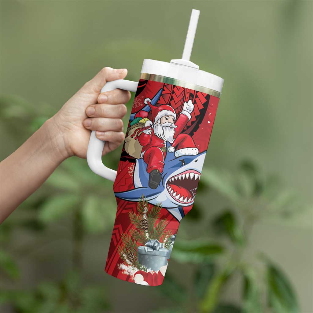 Funny Santa Riding Shark Tumbler With Handle Polynesian Tribal Christmas Spirit - Polynesian Pride