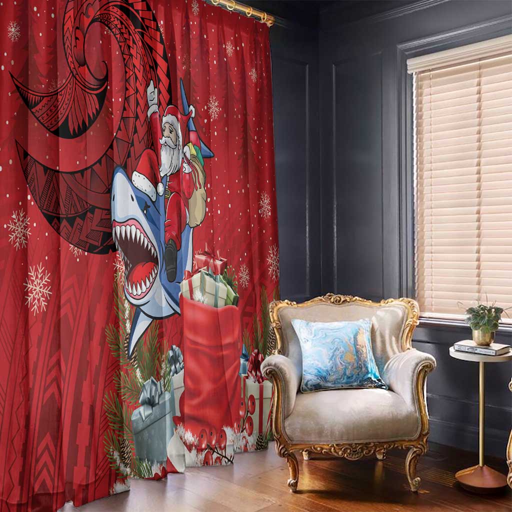 Funny Santa Riding Shark Window Curtain Polynesian Tribal Christmas Spirit - Polynesian Pride