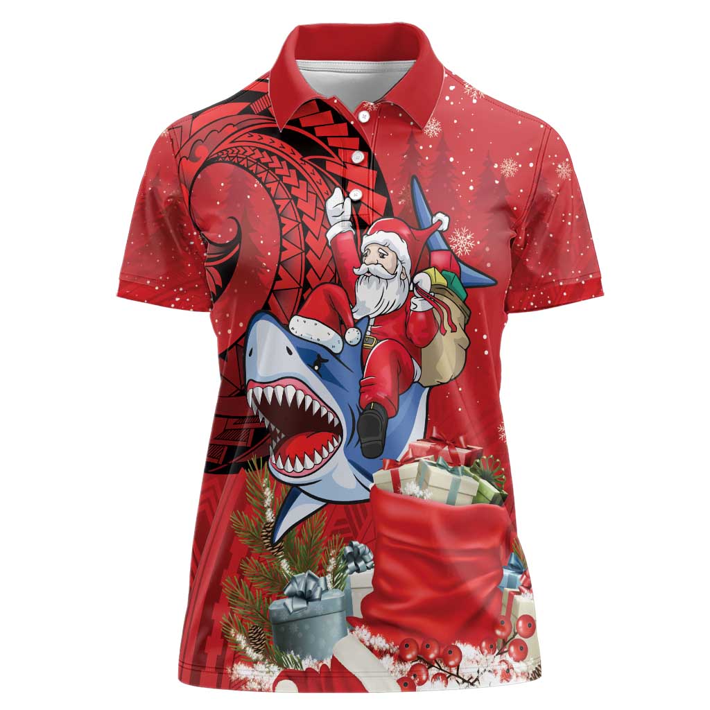 Funny Santa Riding Shark Women Polo Shirt Polynesian Tribal Christmas Spirit - Polynesian Pride