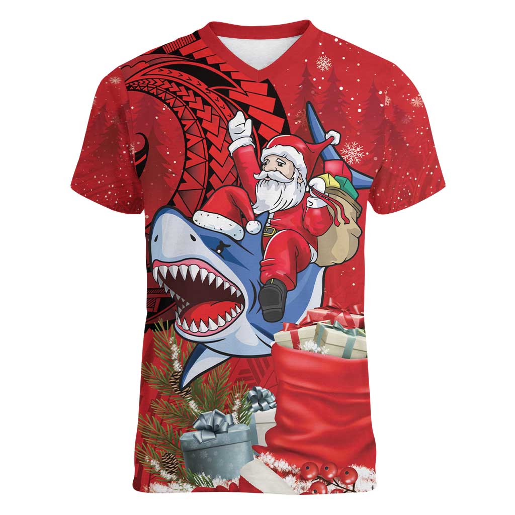 Funny Santa Riding Shark Women V-Neck T-Shirt Polynesian Tribal Christmas Spirit - Polynesian Pride