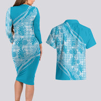 Hawaii Breadfruit Palaka Couples Matching Long Sleeve Bodycon Dress and Hawaiian Shirt Polu Maile Lei - Polynesian Pride