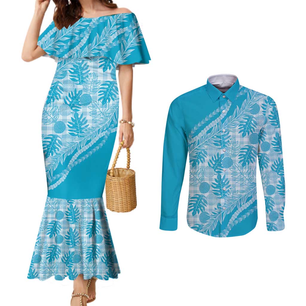 Hawaii Breadfruit Palaka Couples Matching Mermaid Dress and Long Sleeve Button Shirt Polu Maile Lei LT9 Blue - Polynesian Pride
