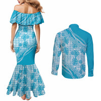 Hawaii Breadfruit Palaka Couples Matching Mermaid Dress and Long Sleeve Button Shirt Polu Maile Lei - Polynesian Pride