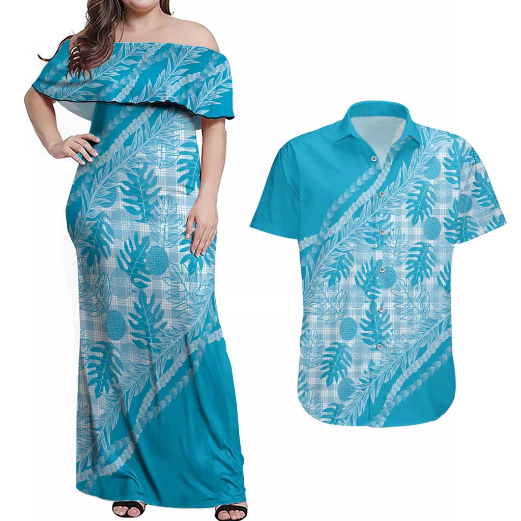Hawaii Breadfruit Palaka Couples Matching Off Shoulder Maxi Dress and Hawaiian Shirt Polu Maile Lei LT9 Blue - Polynesian Pride