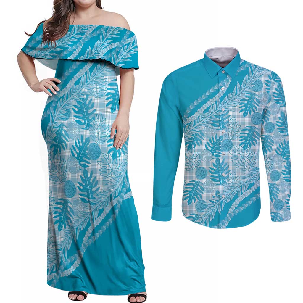 Hawaii Breadfruit Palaka Couples Matching Off Shoulder Maxi Dress and Long Sleeve Button Shirt Polu Maile Lei LT9 Blue - Polynesian Pride