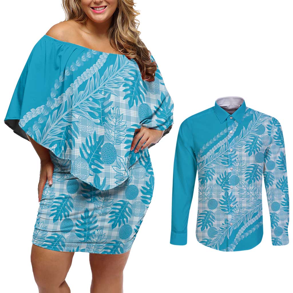 Hawaii Breadfruit Palaka Couples Matching Off Shoulder Short Dress and Long Sleeve Button Shirt Polu Maile Lei LT9 Blue - Polynesian Pride