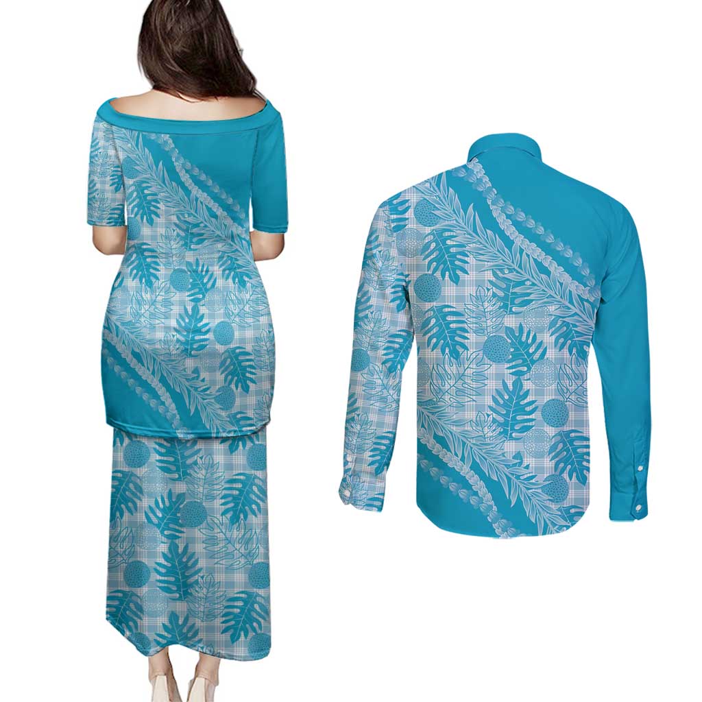 Hawaii Breadfruit Palaka Couples Matching Puletasi and Long Sleeve Button Shirt Polu Maile Lei - Polynesian Pride